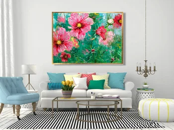 100 % Saf El-boyalı Pembe Çiçek Yağlıboya Oturma Odası Dekor için El Yapımı Modern Güzel Çiçek Manzara Yağlıboya