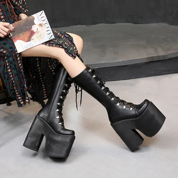 16 cm Siyah Platformu Çizmeler Punk Tarzı Sonbahar Kış Motosiklet Çizmeler Moda Cosplay Ayakkabı Goth Yüksek Topuklu Çizmeler Bottine Femme
