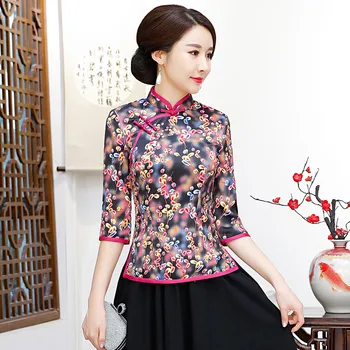 2018 Moda Çin tarzı Gömlek Bayan Mandarin Yaka Bluz kadın giysisi cheongsam Yaz Kısa Qipao Elbise Artı Boyutu S-4XL