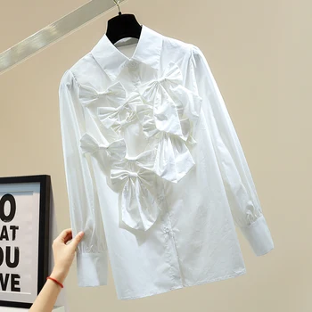 2021 Bahar Kore Gevşek Gömlek Tops Kadın Mizaç Saf Renk Rahat Uzun Kollu Gömlek Yay Pamuk Bluz Lady Blusas