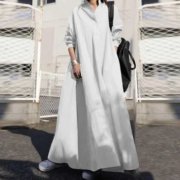 2021 Moda Kadın Gömlek Elbiseler Ofis Gevşek Maxi Cep Uzun Kollu Casual kadın Elbise Bahar Sonbahar