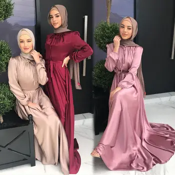 2021 Sonbahar Kış Kadın Zarif Müslüman Saten Tunik Maxi Elbise Uzun Kollu Elbisesi Afrika Dubai Türkiye İslam Abaya Parti Ramazan