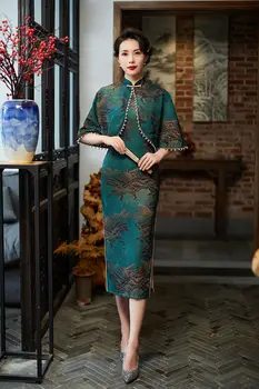 2021 Sonbahar Kış Yeni Saten Cheongsam Elbise Üç Çeyrek Kollu Orta Uzunlukta Şal İki Parçalı Çift Katmanlı Qipao