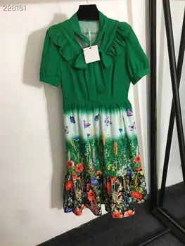 2021 Sonbahar Midi Elbise Kadın Pist Yay Yaka Kısa Kollu Çiçek Baskı İmparatorluğu Sıcak Satış Yeşil Parti Elbise