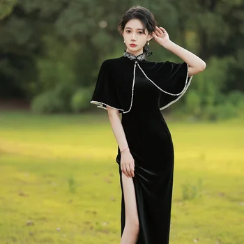 2021 Sonbahar Yeni Altın Kadife Cheongsam Elbise Geliştirilmiş İnce Şal Cheongsam Çin Cumhuriyeti Tarzı