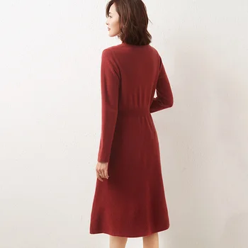 2021 Çin Tarzı Placket 100 % Yün Örme uzun Elbise Kadın Rahat Kış Elbise Düz Renk Yumuşak Uzun Kazak Diz boyu