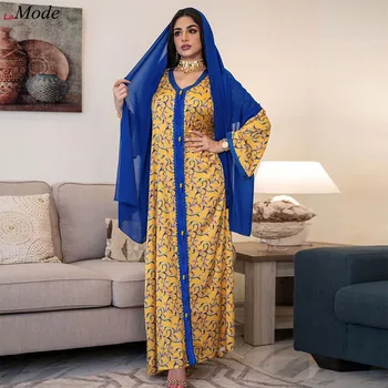 2022 Ramazan Dubai Başörtüsü Abaya Kadınlar Müslüman Elbise Gece elbisesi İslam Giyim Afrika Çiçek Baskı Boho Elbiseler Kaftan Pakistan