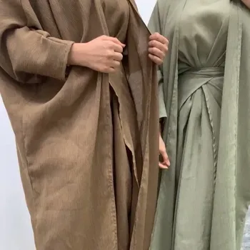 3 adet Eşleşen Müslüman Setleri Başörtüsü Elbise Düz Linene Abayas Kadınlar ıçin Dubai Arapça Kıyafet Açık Abaya Kimono İslam Wrap Ön Etek