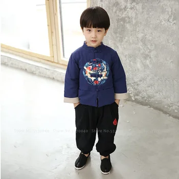 3 Renkler Çocuk Çin Tarzı Baskı Tang Takım Elbise Erkek Bebek Kış Hanfu Mont Pantolon Çocuklar Yeni Yıl Giysileri Oryantal Giyim Seti