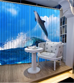 3D Perde Lüks pencere karartma perdesi Oturma Odası mavi okyanus perdeleri dalga karartma perdesi