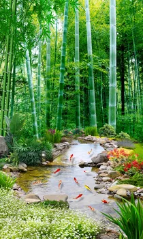 3D Perde Moda Özelleştirilmiş Perde Bambu Orman, Küçük Dere, Goldfish çiçek Perdeleri Yatak Odası Karartma Gölge Pencere