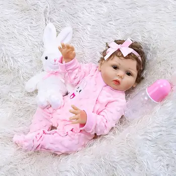 47 cm Gerçekçi Bebek Tam Yumuşak Vinil Yürümeye Başlayan Bebekler Gerçekçi Kıvırcık Saç Kız Tavşan Eşlik Oyuncak Doğum Günü noel hediyesi