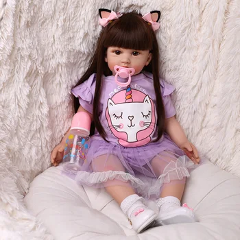 60 CM Yeniden Doğmuş bebek Kitty Takım Elbise Sevimli Kahverengi Rapunzel Prenses Bebek Karikatür Bebê çocuk Günü Hediyeleri İle Kedi Kulak Saç Tokası