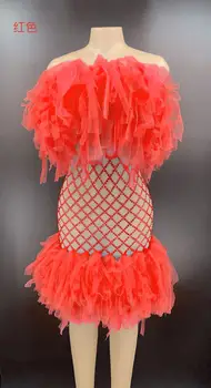 7 Renkler Rhinestones Dantel Elbise Kadın Parti Doğum Günü Elbise Gece Kulübü Kıyafetler Mesh See Through Straplez Clubwear Sahne Giyim