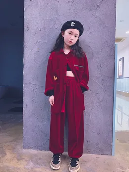 8 10 yıl Kız Hiphop Giysi Set Bebek Dans Takım Elbise 2 parça Kadife Gömlek Pantolon Moda Serin Çocuk Giysileri