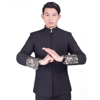 Adam Etnik Giyim Tang takım elbise Ceket + Pantolon standı yaka Zhongshan takım elbise Çin Gençlik Hanfu toka düğün Gösterisi Konfeksiyon