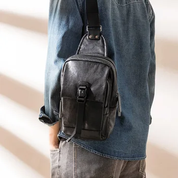 AETOO Deri erkek trendy göğüs çanta, kişiselleştirilmiş cep telefonu çantası, ilk katman deri rahat messenger çanta