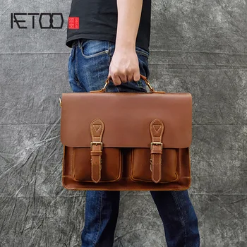 AETOO erkek deri evrak çantası, retro çılgın at deri messenger çanta, bilgisayar çantası