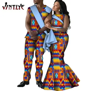 Afrika Akşam Elbise Sevgilisi için Çiçek Baskılı erkek Dashiki Takım Elbise ve Kadın Mermaid Elbiseler Bazin Riche Çift Parti Kostüm