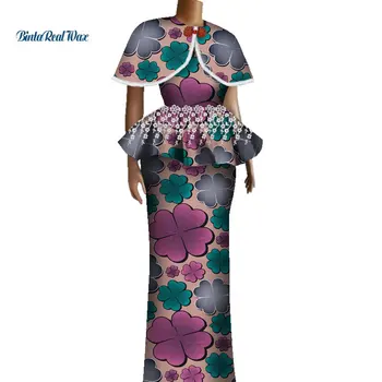 Afrika Aplike Üst ve Etekler Setleri Kadınlar için Bazin Riche Geleneksel Afrika Kadın Giyim 2 Parça Etekler Setleri WY4829