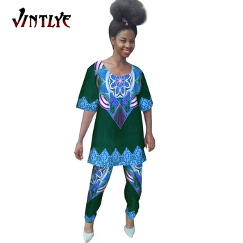 Afrika Baskı Kadın Takım Elbise 2 Adet Set Pantolon ve Üst Kente Tarzı Geleneksel Dashiki Ankara Moda Bayan Bluz ve Pantolon WY638