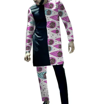 Afrika Baskı Üstleri + Pantolon Nijerya Tarzı Damat Takım Elbise Patchwork erkek Setleri Düğün Parti Kostüm