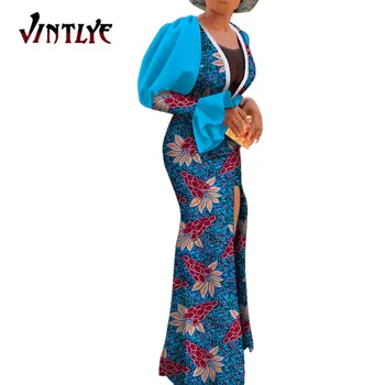 Afrika Elbiseler Kadınlar için Ankara Fashoin Çiçek Baskı Zarif Dashiki Abiye Artı Boyutu Parlama Kollu Elbise Elbise Wy9559