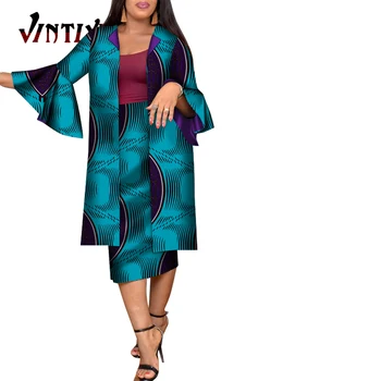 Afrika Giysi Kadınlar için Geleneksel Ankara Baskı Uzun pardösü ve Orta Buzağı Etek 2 Adet Set Dashiki Kadın Akşam Elbise WY9490