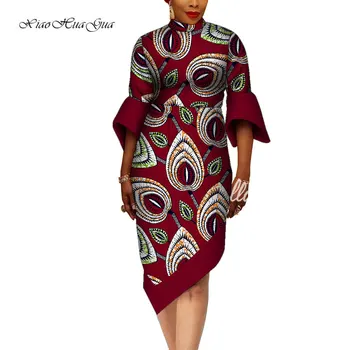 Afrika Kadın Elbise Ankara Standı Boyun Uzun Kollu Elbise Bodycone Africaine Balmumu Baskı Parti Afrika Elbiseler Kadınlar için WY9337
