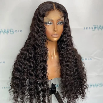 AIMEYA Siyah Derin Dalga İnsan Saç Peruk 13x6 HD sırma ön peruk Long Transparent Long Long Long Uzun Kıvırcık insan saçı peruk Kadınlar Için Şeffaf Dantel Peruk