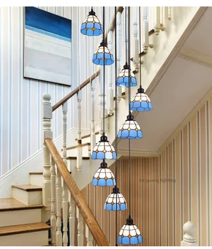 Akdeniz merdiven kolye ışıkları yaratıcı mavi oturma odası Loft dubleks bina dönen merdiven uzun Tiffany ışıkları