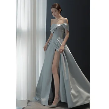 Akşam Elbise Etek Yeni Fransız Elbise Kraliçe Zarif Bölünmüş Saten Elbiseler Bayanlar Ziyafet Akşam DressFor Kadınlar