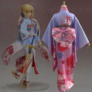 Aniplex Kader Kalmak Gece Saber Kimono Yukata Elbise Üniforma Kıyafet Anime Cosplay Kostümleri Ile Kuşak, Ilmek, Şapkalar, bel
