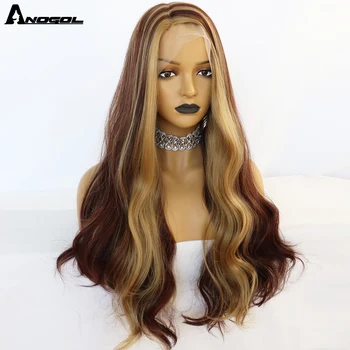 ANOGOL Kahverengi Lacefront peruk yüksek Fiber Dalgalar çok renkli degrade ısıya dayanıklı iplik peruk siyah kızlar için saç Modelleri
