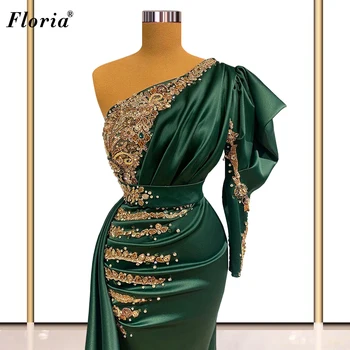 Arapça Yeşil Abiye Uzun Lüks 2021 Bir Omuz Boncuk Abiye giyim Kadınlar İçin Açılış Töreni Elbiseler Parti Elbiseler