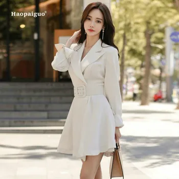 Artı Boyutu Katı evaze elbise 2018 Sonbahar Kadın Beyaz Uzun Kollu Çentikli Takım Elbise Zarif Ofis Bayan Mini elbise Çalışma Bayanlar Elbiseler