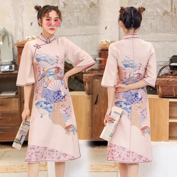Artı Boyutu Yaz Giysileri Moda Çin Tarzı Vintage Lady Baskı Cheongsam Zarif Kadın Parlama Kollu çin elbisesi Qipao V1957