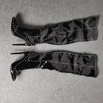ASHİOFU Yeni Stil Real Resimleri Bayan Yüksek Topuk Çizmeler Perçinler Spike Parti Balo Diz Üzerinde Çizmeler Patentleather Akşam Kış Çizmeler
