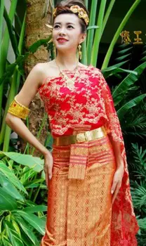 Asya Thais Laos Vietnam Dai Ulus Halk dans Dai Kostüm kırmızı eşarp tek omuz geleneksel kolsuz düğün gelin Kıyafeti