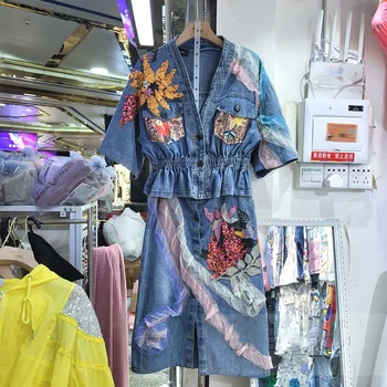 Bahar Kadın Etek Seti Nakış Çiçek Pullu V Yaka Denim Üst Ve Etek Iki Parçalı Set Bluz Etek Takım Elbise Bahar Yaz