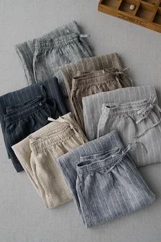 Bahar Yaz Kadın Rahat Tüm Maç Gevşek Artı Boyutu Japon Tarzı Kısa Şerit Keten Pantolon Elastik Bel Geniş Bacak Pantolon