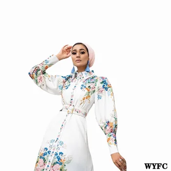 Bahar Yaz Orta Bel Dijital Baskı Büyük Sarkaç Kabarık Kollu Yaka Robe İslam kadın Giyim Moda Müslüman Arapça Elbise
