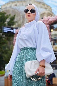 Balon Kollu Gömlek Düz Düğmeler Çizgisiz Uzun kollu Sıfır Yaka Tek Renk Mevsimsel Kadın Müslüman Moda Başörtüsü Giyim Cas