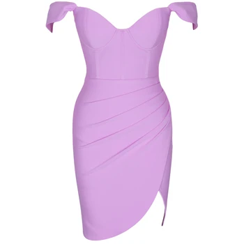 Bandaj Elbise 2021 Yaz Leylak Mor Bodycon Elbise Kadınlar için Dökümlü Kapalı Omuz Parti Elbise Akşam Doğum Günü Kulübü Kıyafetler
