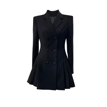 Bayanlar Ofis Slim Fit Kruvaze Takım Elbise Kadın Klasik Siyah Kısa Mini Pilili Elbiseler Bahar Sonbahar Uzun Kollu Elbise