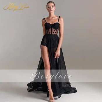 Berylove Siyah Balo Elbise Spagetti Askı Illusion Nokta Örgü Parti Elbise Kat Uzunluk Örgün Parti Törenlerinde Kısa Vestido De Festa