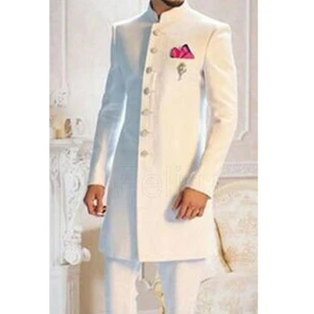 Beyaz Damat Smokin ile Weddng için Standı Yaka 2 Parça Klasik Erkek Takım Elbise Ceket Pantolon ile Yeni Moda Kostüm