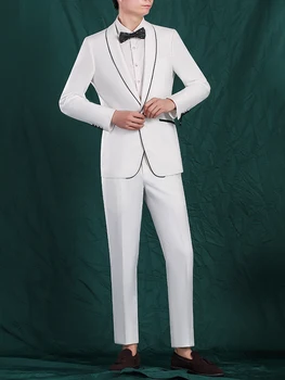 Beyaz Takım Elbise Blazer Pantolon Erkek Takım Elbise Seti Tek Göğüslü Bir Düğme Düğün Damat Giyim Artı Boyutu 44 54 Iş Adamı Blazers Pantolon
