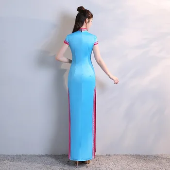Bodycon Seksi Aplikler Saten Çin Elbise Geleneksel Oryantal Mandarin Yaka Cheongsam'lar Kadın Zarif Uzun Qipao Örgün Önlük