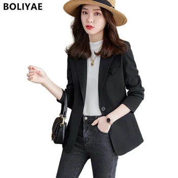 Bolıyae 2021 Ilkbahar ve Sonbahar Yeni Siyah Uzun Kollu Blazer kadın Moda Ince Ceketler Kadın Rahat Ofis Ceket Takım Elbise Üstleri